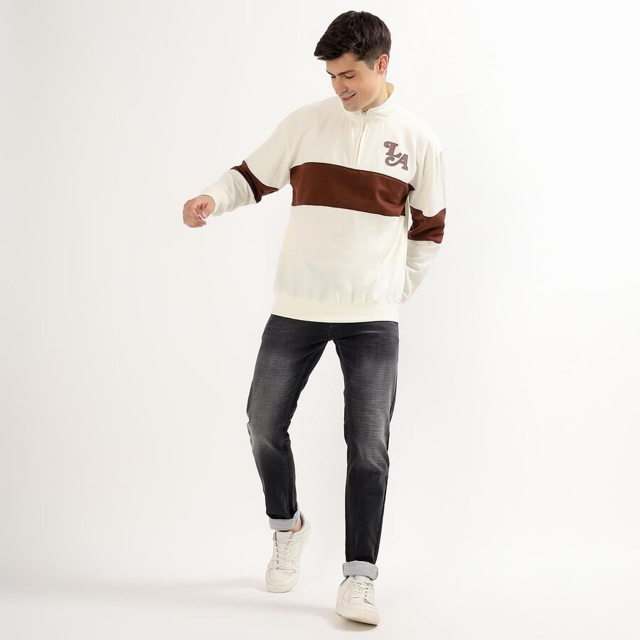 Men's Cream and Brown Half Zip Casual Sweatshirt, Brown, large image number null