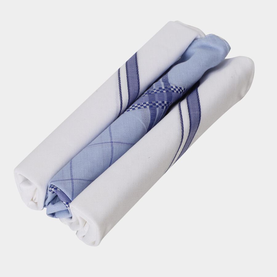 Men's Blue and White Checked and Striped Pack of 3 Handkerchief, मध्यम नीला, large