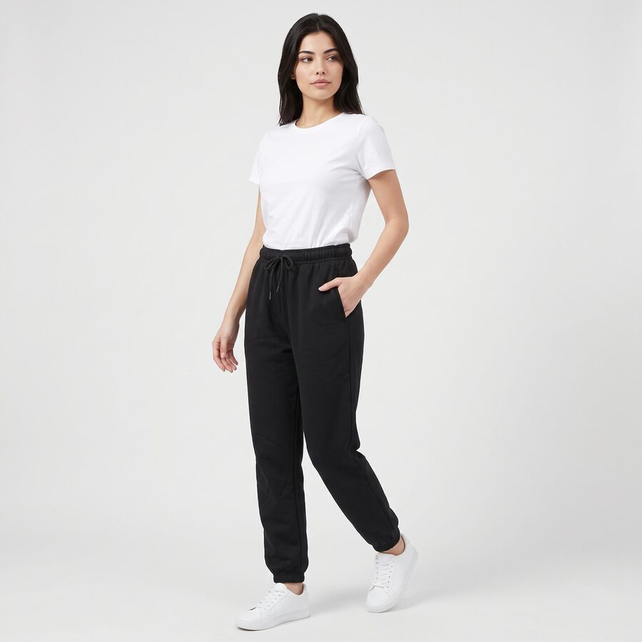 Women's Black Jogger Fit Solid Track Pants, काला, large