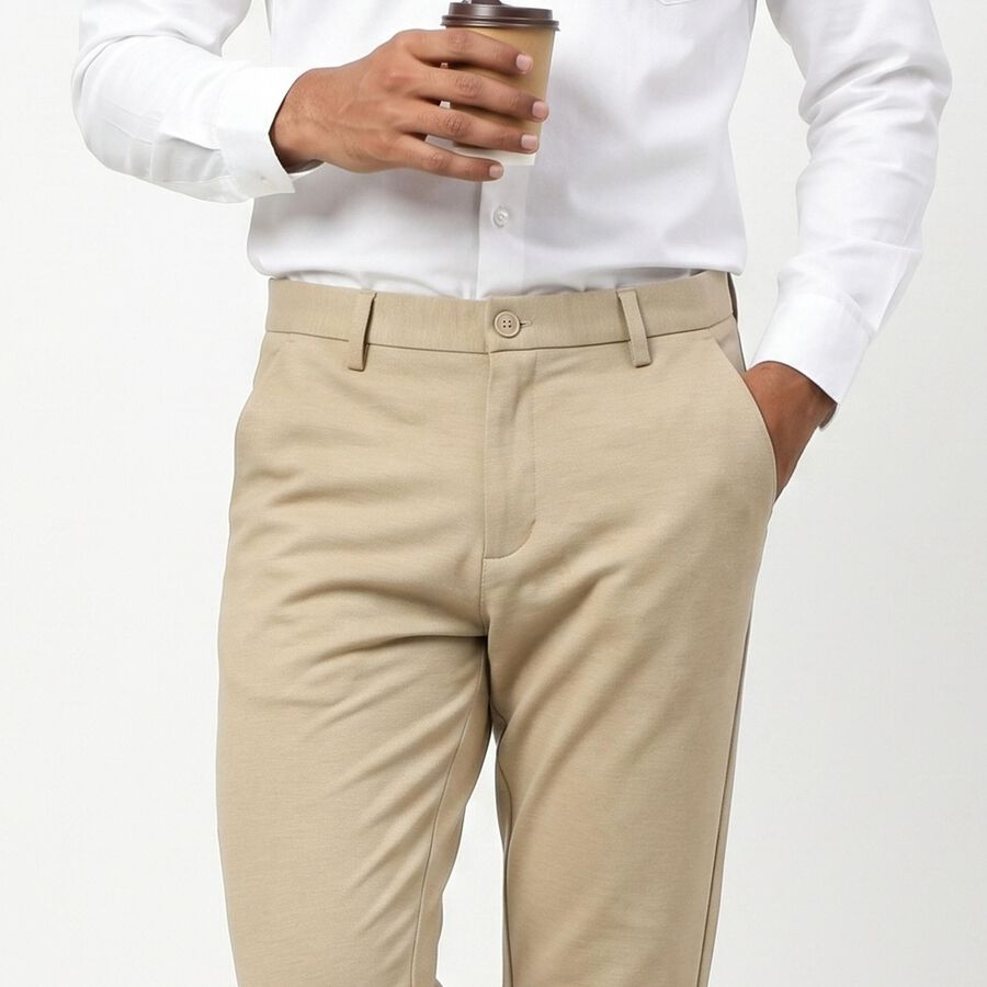 Men's Beige Slim Fit Flat-Front Casual Trousers, गहरा पीला, large