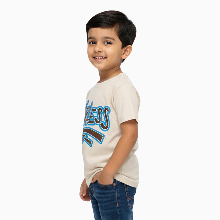 Boys Soft Beige Cotton Crew Neck Casual T-Shirt, Off White, large