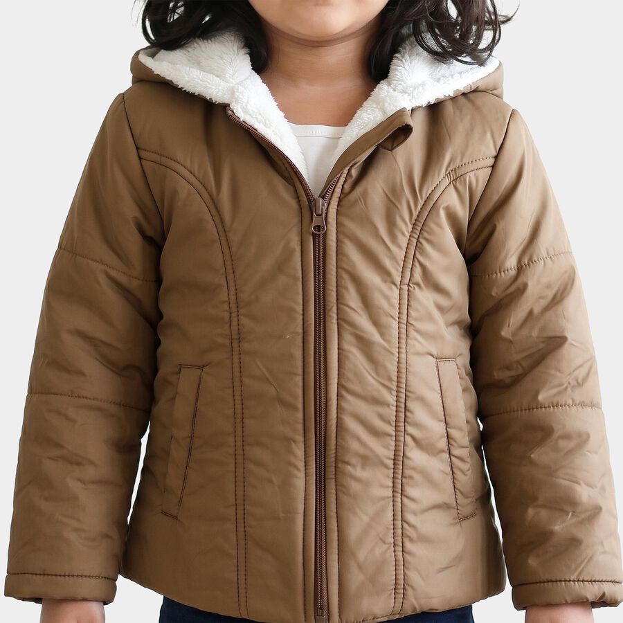 Girls Brown Hooded Puffer Jacket, Brown, large