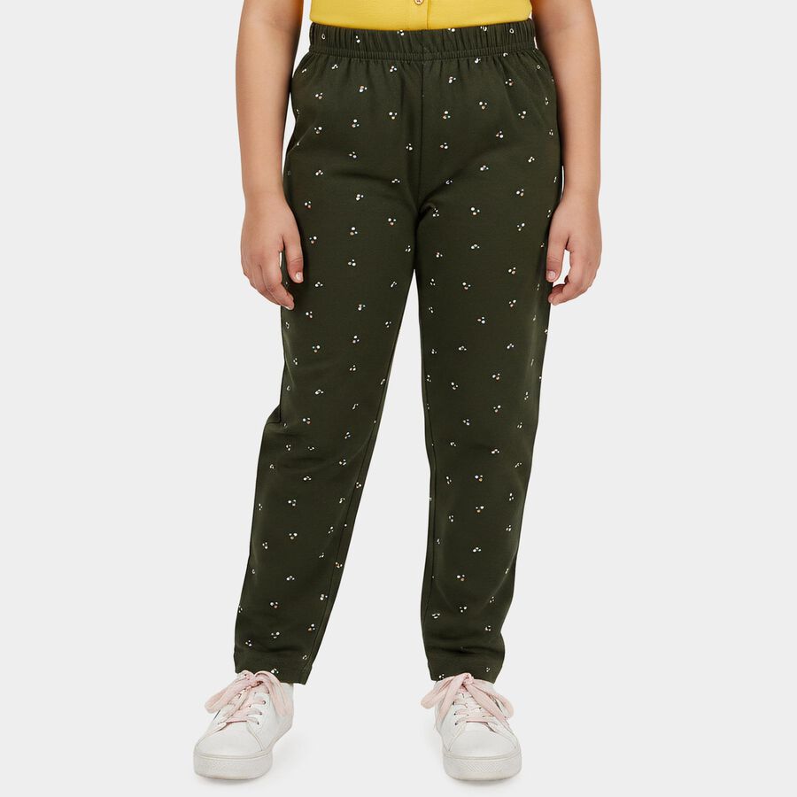 Girls Olive Green Straight Fit Printed Pyjama, Olive, large