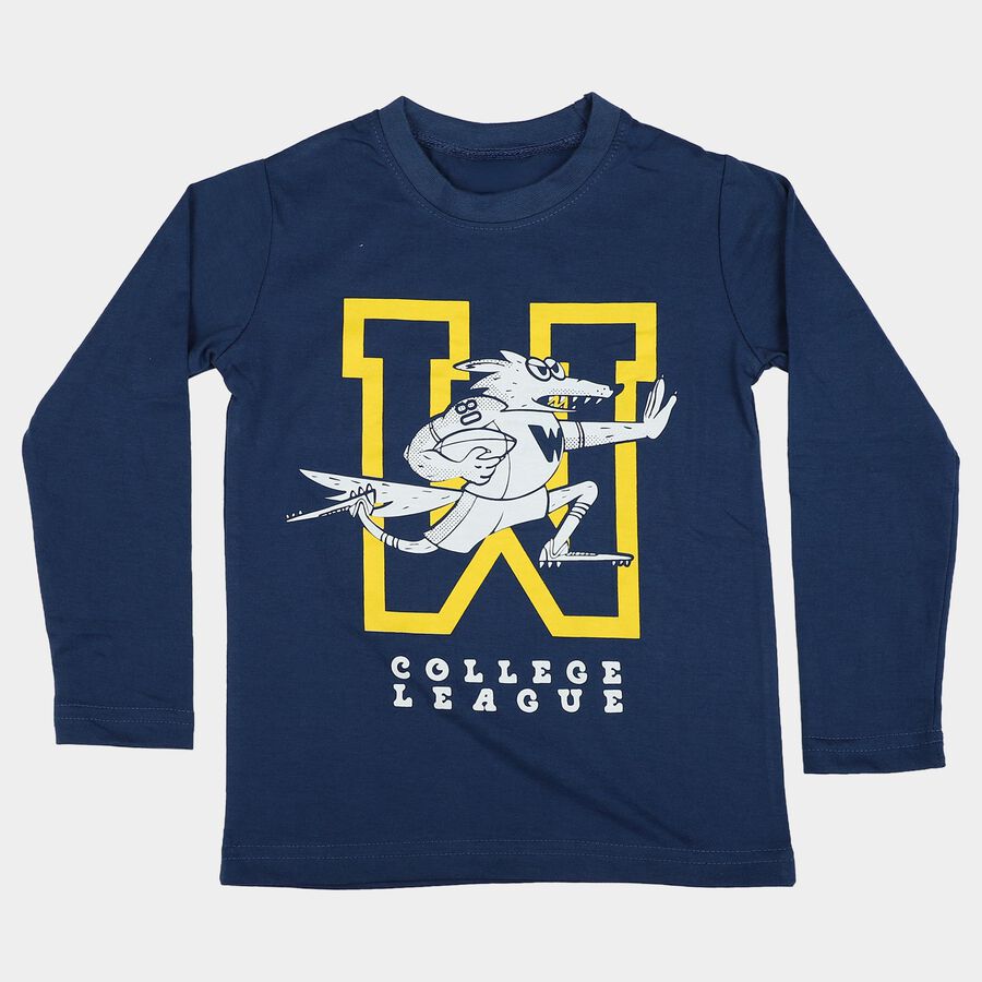 Boys' Navy Blue Cotton Blend Round Neck Regular Boys T-Shirt, नेवी ब्लू, large