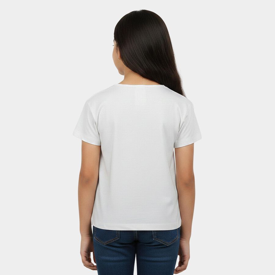 Girls White Cotton Round Neck Regular T-Shirt, सफ़ेद, large