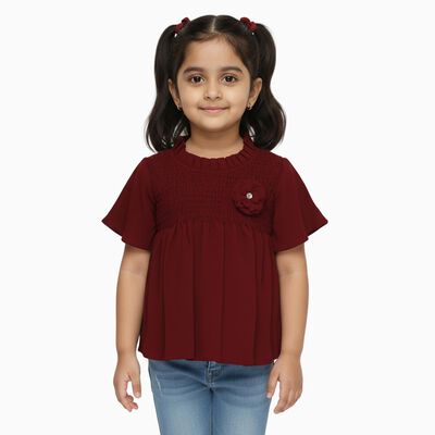 Girls' Deep Maroon Ruffle Neck Casual T-Shirt