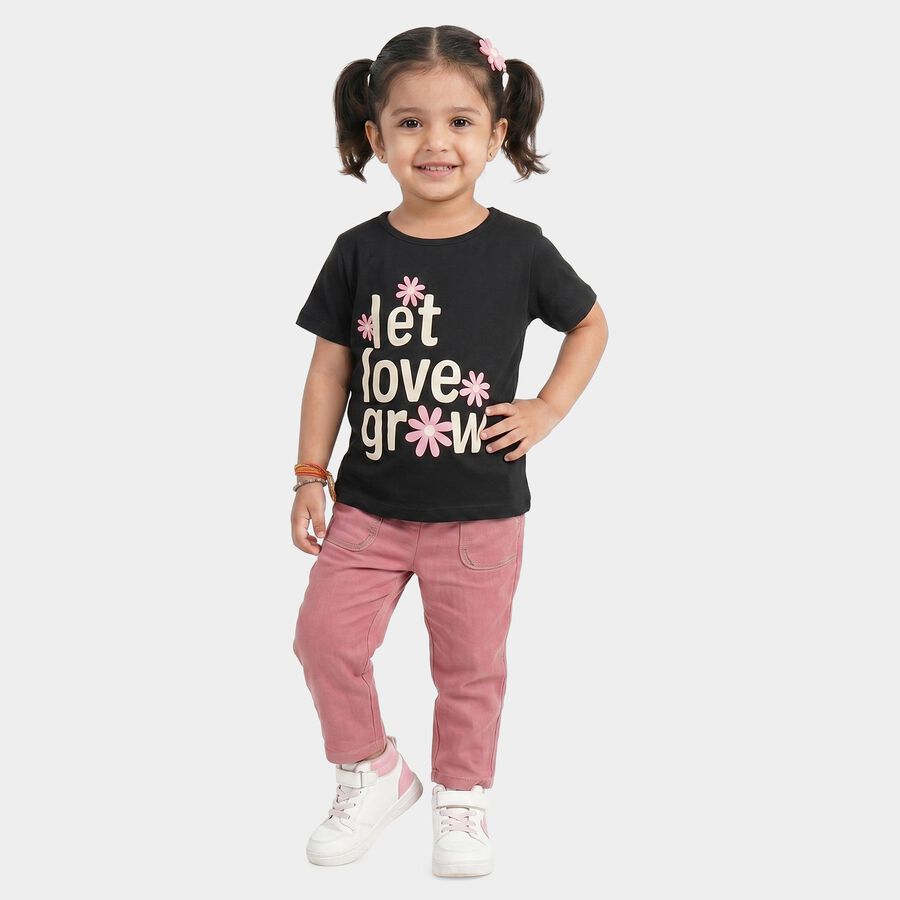 Girls Black Cotton Blend Round Neck Regular T-Shirt, Black, large