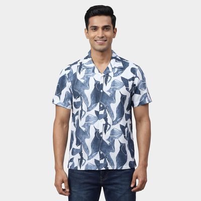 Men's Navy Blue Cotton Spread Collar Slim Fit Casual Shirt