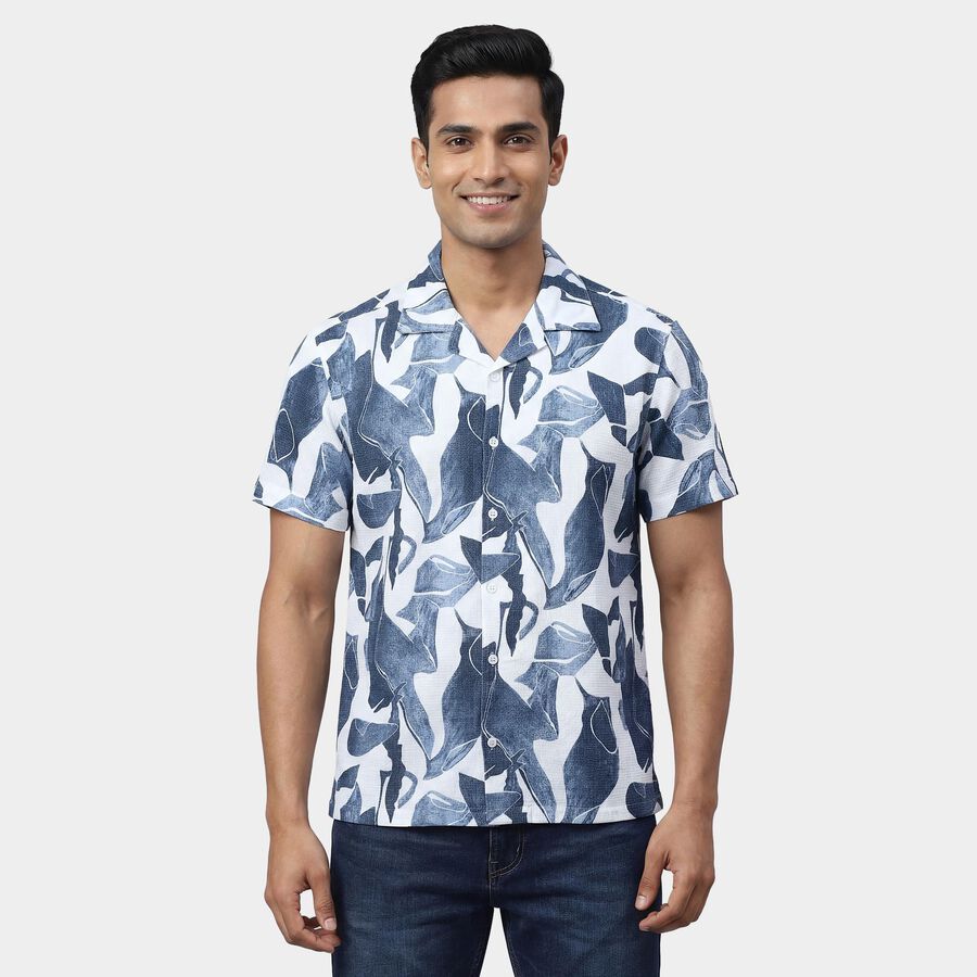 Men's Navy Blue Cotton Spread Collar Slim Fit Casual Shirt, Navy Blue, large