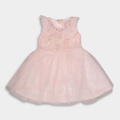 Girls' Soft Pink Sleeveless Embellished Flared Frock