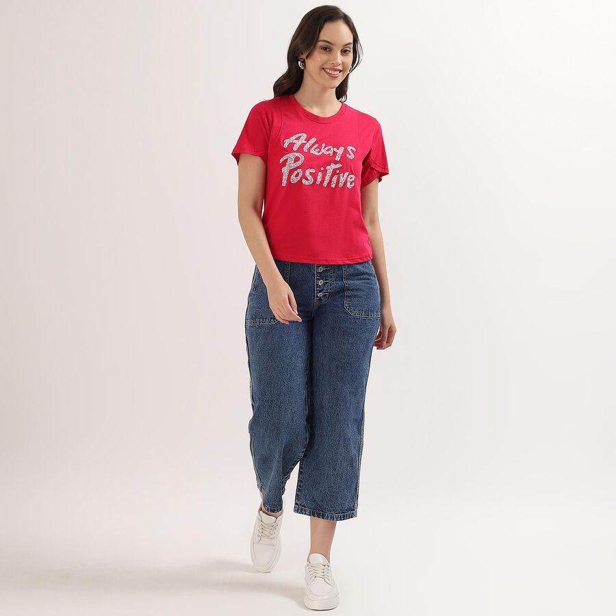 Women's Bright Fuchsia Cotton Round Neck Embellished T-Shirt, Fuchsia, large image number null