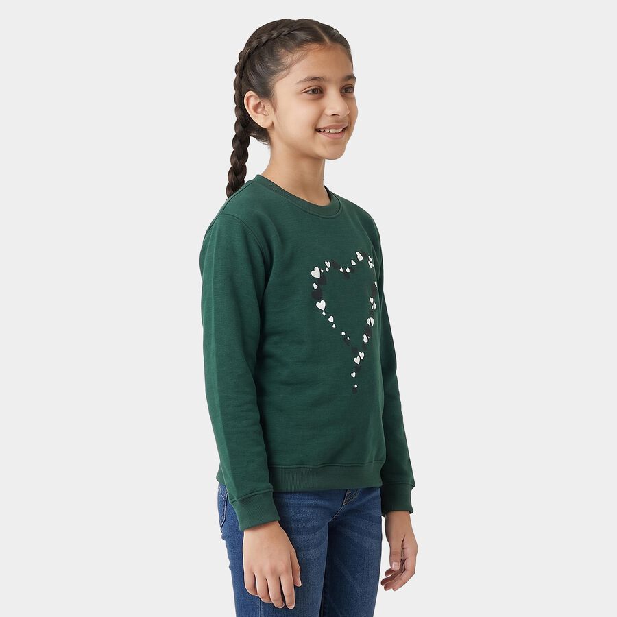 Girls' Green Crew Neck Pullover Sweatshirt, Dark Green, large