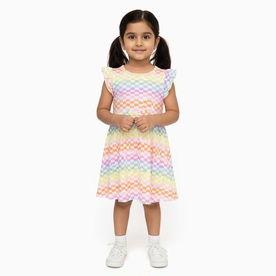 Girls' Multicolor Rainbow Checkered Flutter Sleeve Frock