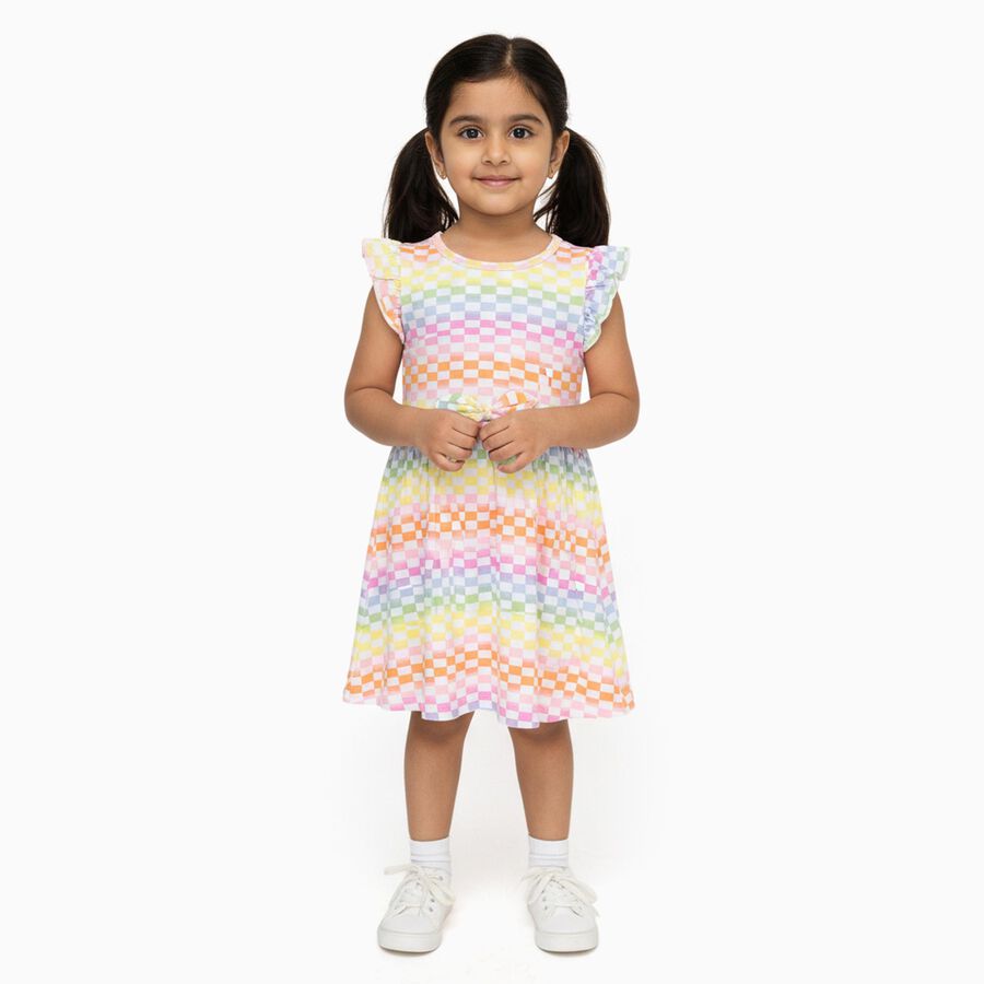 Girls' Multicolor Rainbow Checkered Flutter Sleeve Frock, Off White, large image number null