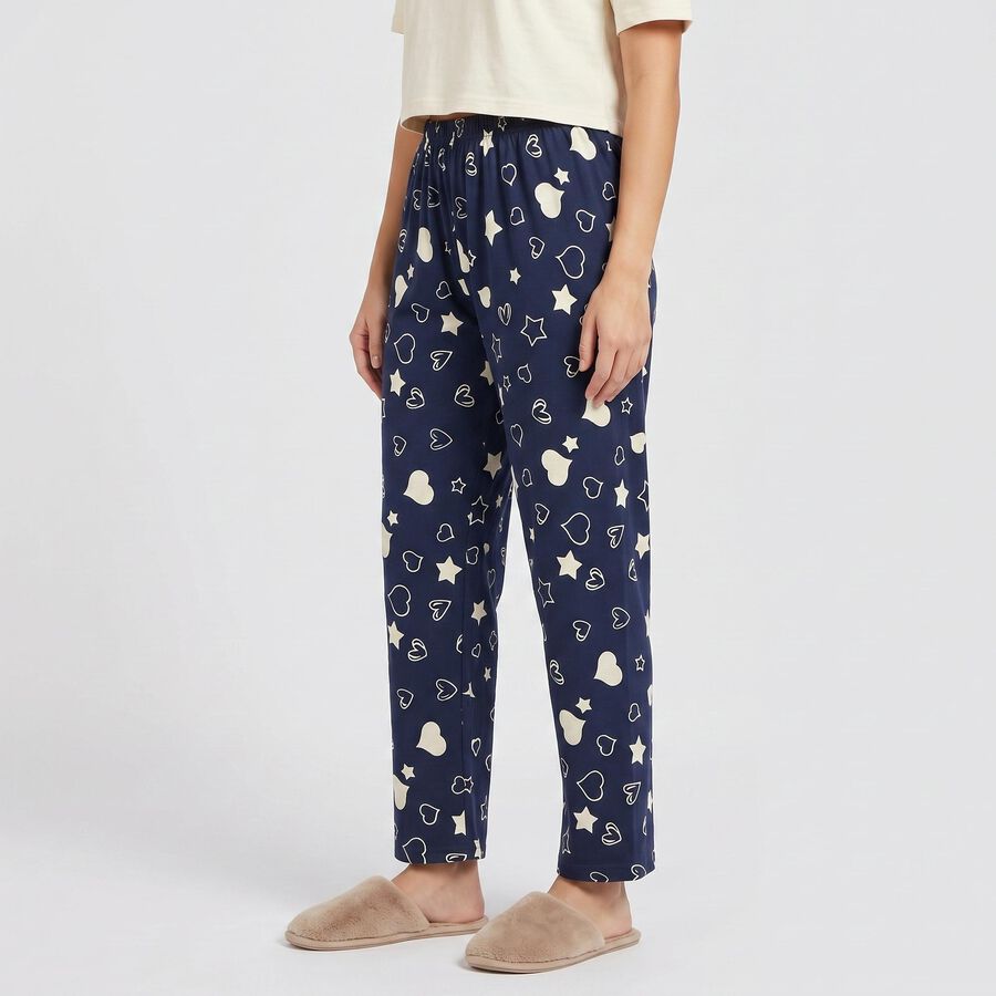 Women's Navy Blue Straight Fit Heart and Star Pyjama, नेवी ब्लू, large