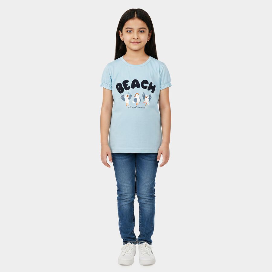 Girls Light Blue Cotton Round Neck Regular T-Shirt, Light Blue, large