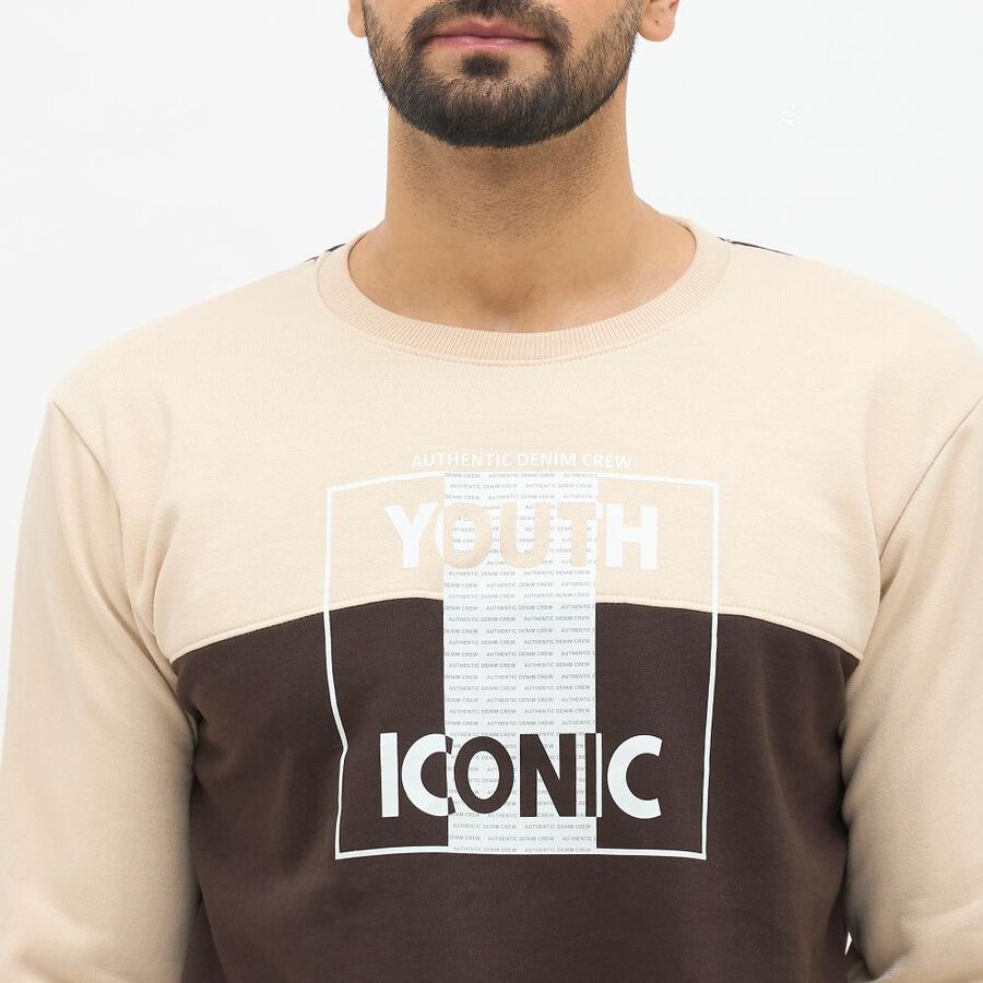 Men's Beige and Brown Crew Neck Casual Sweatshirt, गहरा पीला, large image number null