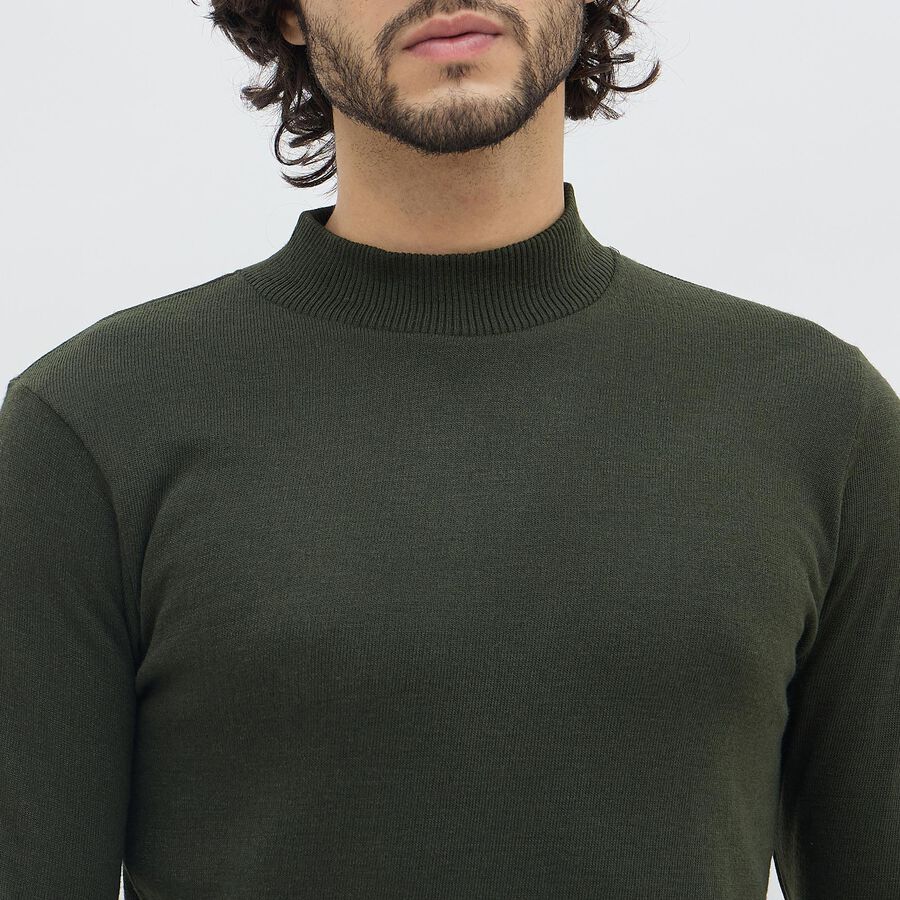 Men's Dark Olive Green Mock Neck Slim Fit Pullover, Dark Green, large image number null