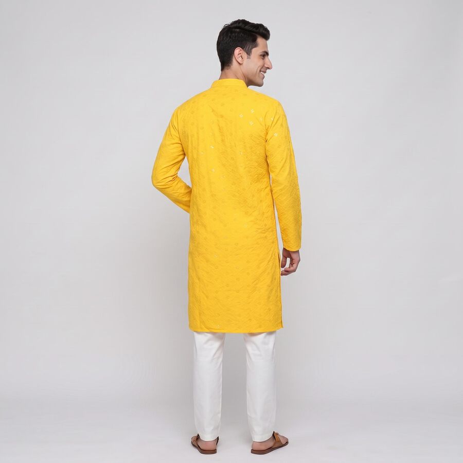 Men's Yellow Mandarin Collar Embroidered Kurta Set, पीला, large