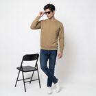 Men Beige Crew Neck Pullover Sweatshirt, Beige, small