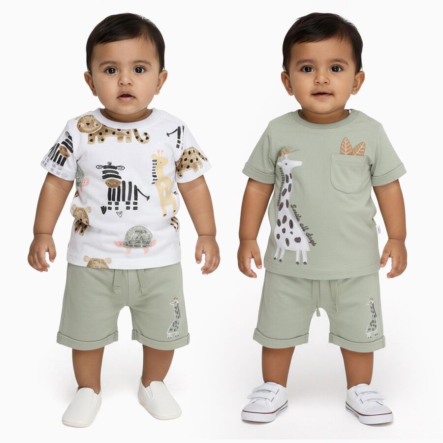 Infants' Light Green Cotton Round Neck Animal Print Baba Suit, Light Green, large image number null