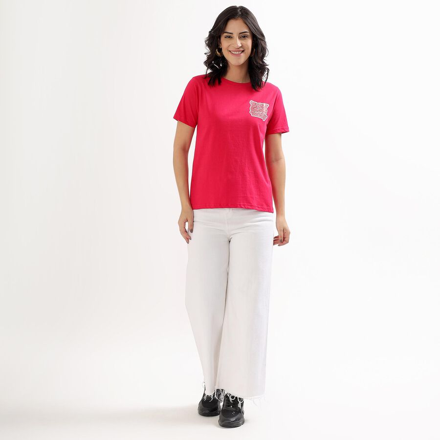 Women's Vibrant Red Cotton Round Neck T-Shirt, Fuchsia, large image number null