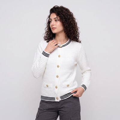 Women Off White Textured Round Neck Button-Front Cardigan