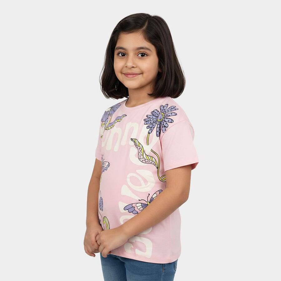 Girls Light Pink Cotton Round Neck Casual T-Shirt, हल्का गुलाबी, large