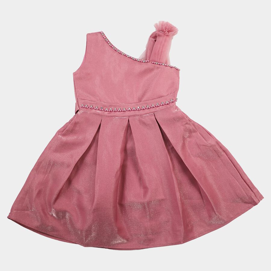 Girls' Pink One Shoulder Embellished Fit and Flare Frock, गुलाबी, large