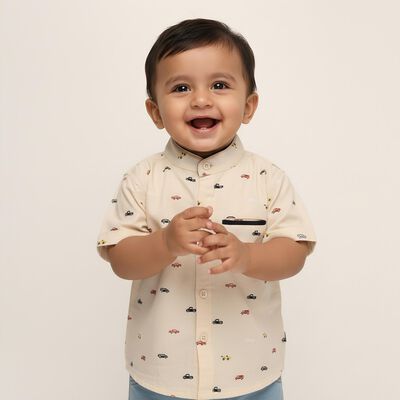Infants Soft Beige Cotton Half Sleeve Mandarin Collar Casual Shirt
