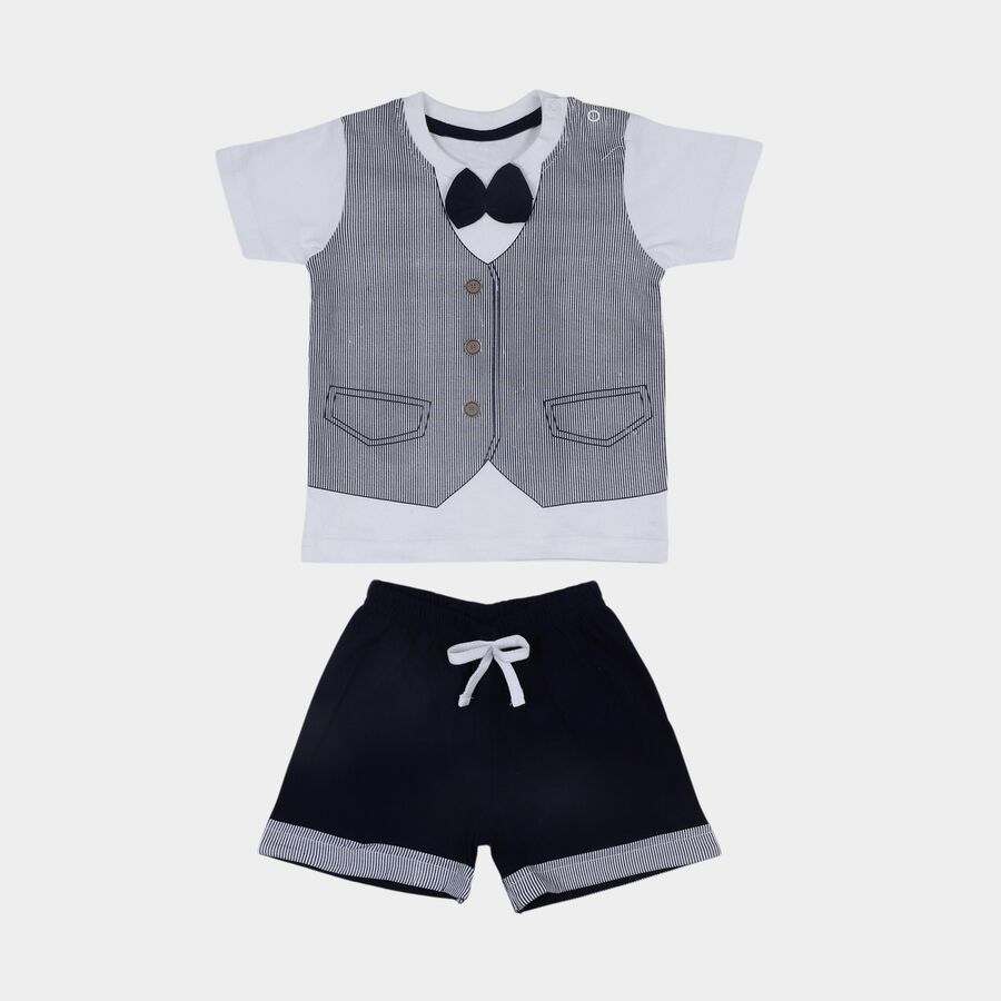 Infants' Navy Cotton Round Neck Striped Baba Suit, नेवी ब्लू, large