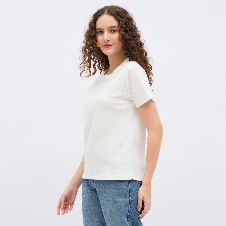 Women's White Round Neck Embellished T-Shirt, सफ़ेद, large image number null