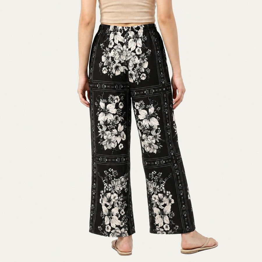 Women's Black Straight Fit Floral Printed Pyjama, काला, large