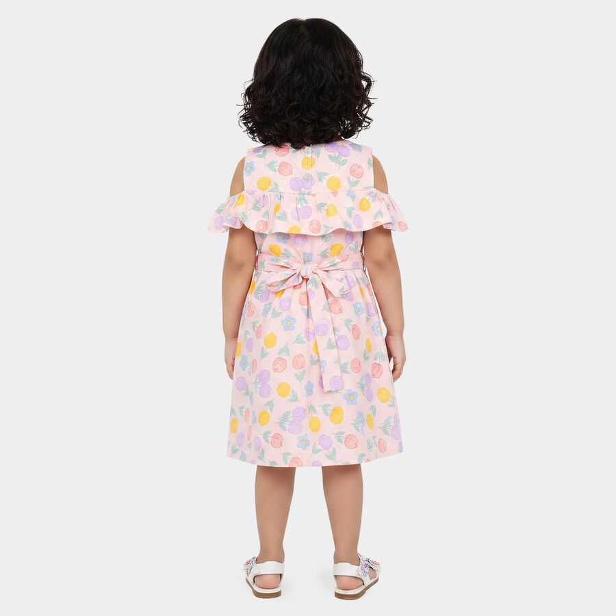 Girls' Pink Fit and Flare Floral Printed Cold Shoulder Frock, Light Pink, large