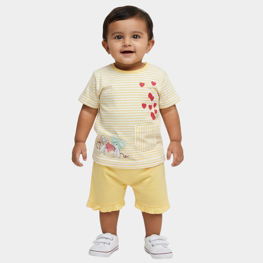Infants Yellow Cotton Sleeveless Casual Shorts Set, Yellow, large