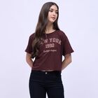 Women's Deep Maroon Cotton Round Neck Casual T-Shirt, Brown, small