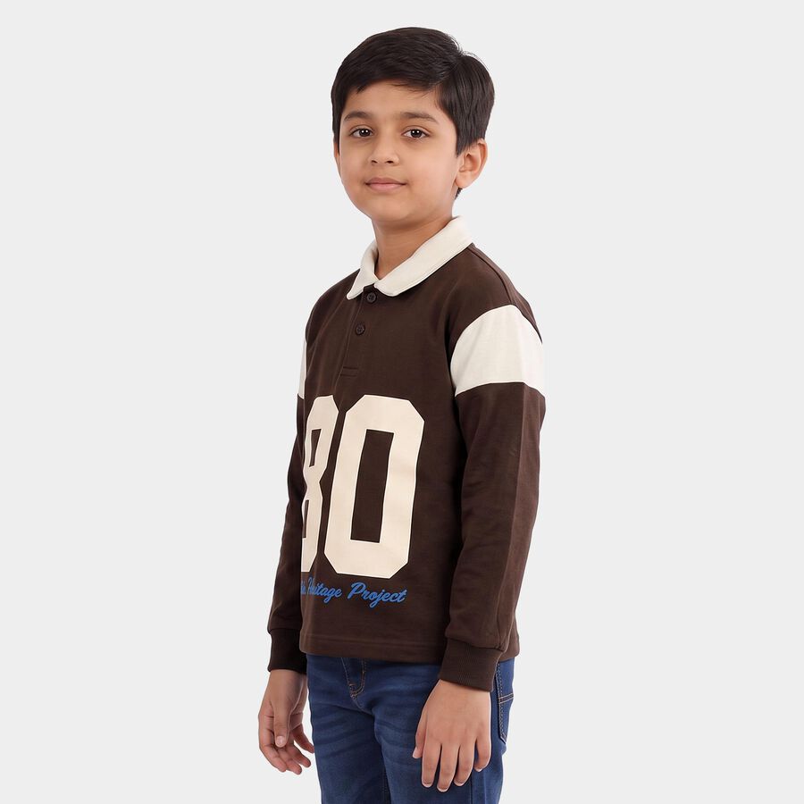 Boys' Brown Polo Neck Graphic Sweatshirt, Brown, large