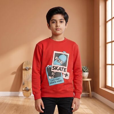 Boys' Red Crew Neck Graphic Print Sweatshirt