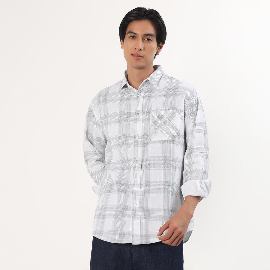 Men's White Cotton Full Sleeve Classic Collar Checkered Shirt, Off White, large