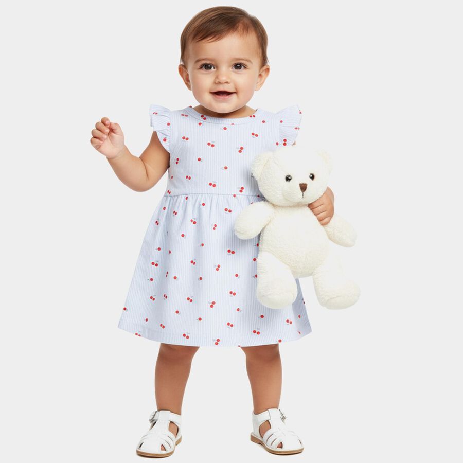 Infants' Blue Regular Fit Cherry Printed Striped Frock, हल्का नीला, large