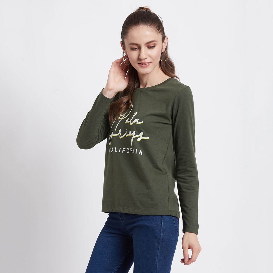 Cotton Round Neck Top, Olive, large image number null