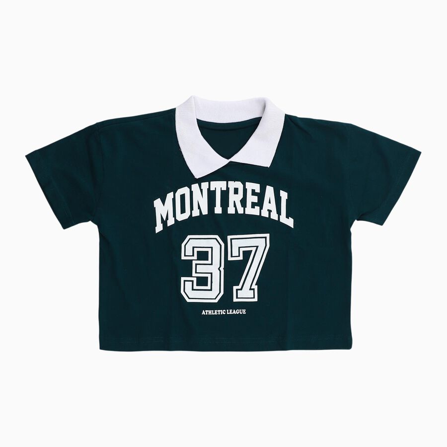 Girls Dark Green Cotton Polo Neck Casual T-Shirt, गहरा हरा, large