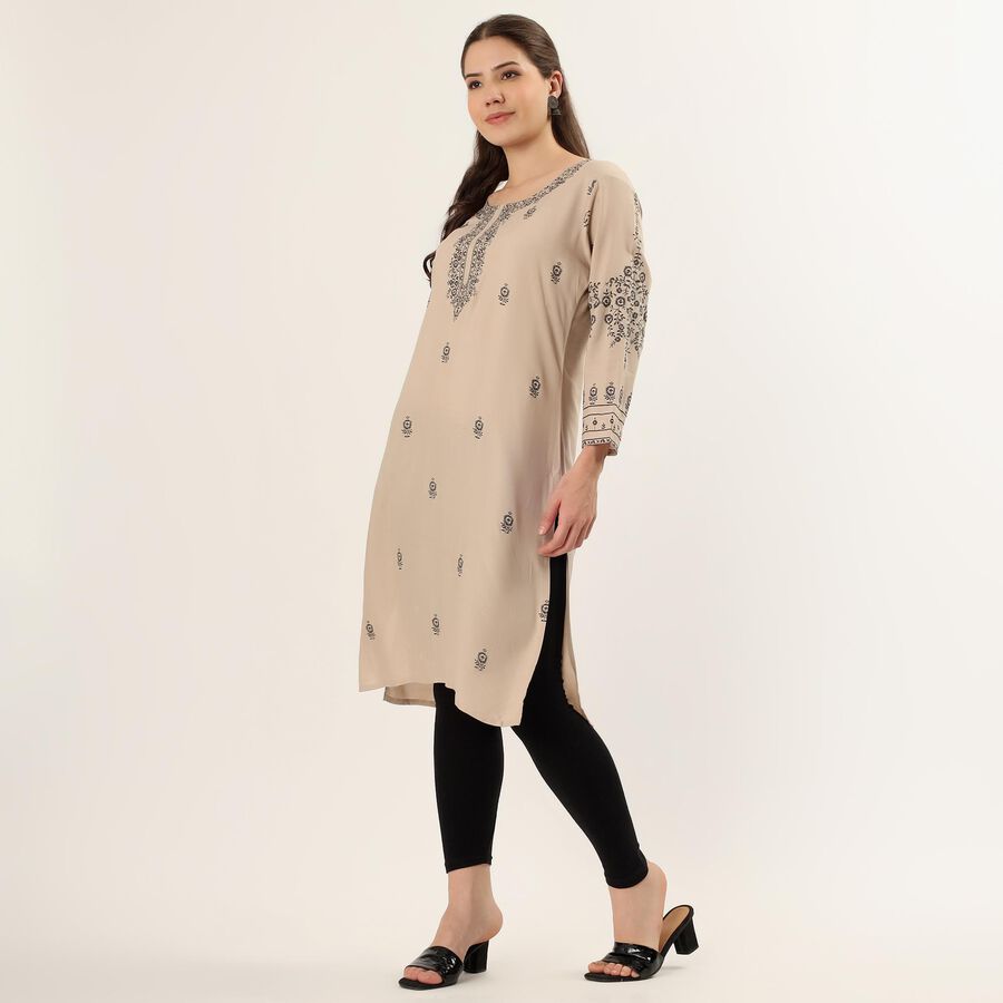 Women's Beige Round Neck Printed Kurta, गहरा पीला, large