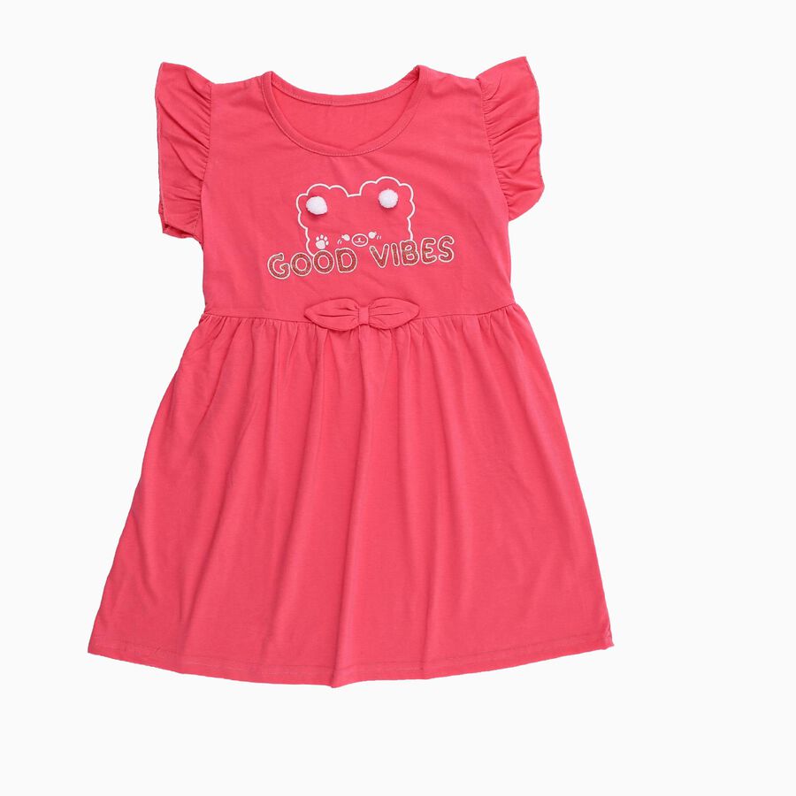 Girls' Bright Coral Pink Ruffle Sleeve Bow Detail Frock, Pink, large
