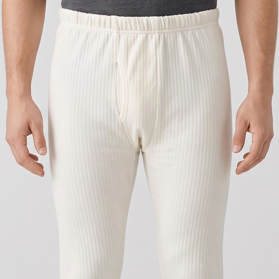 Men's Cream Ribbed Long Johns Thermal, ऑफ व्हाइट, large