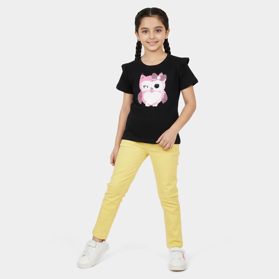 Girls Black Cotton Round Neck Casual T-Shirt, काला, large