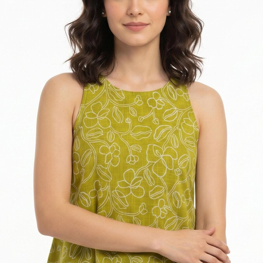 Women's Olive Green Cotton Round Neck Floral Printed Kurti, हल्का हरा, large
