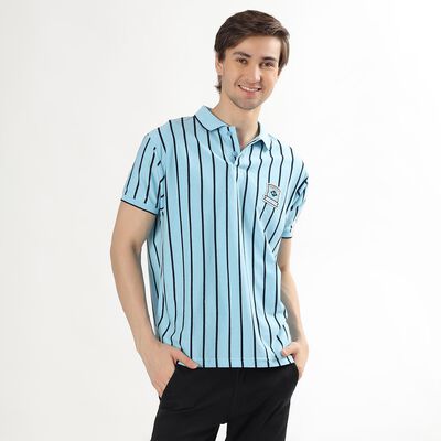 Men's Light Blue Polo Neck Striped T-Shirt