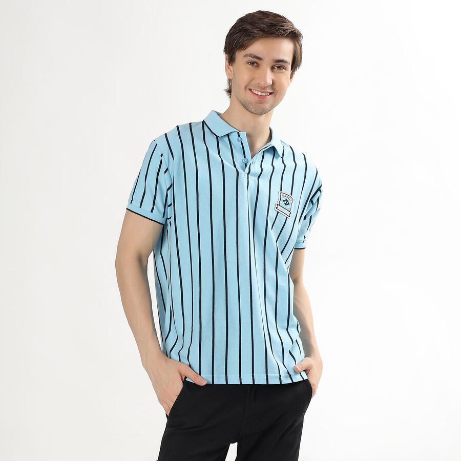 Men's Light Blue Polo Neck Striped T-Shirt, हल्का नीला, large image number null