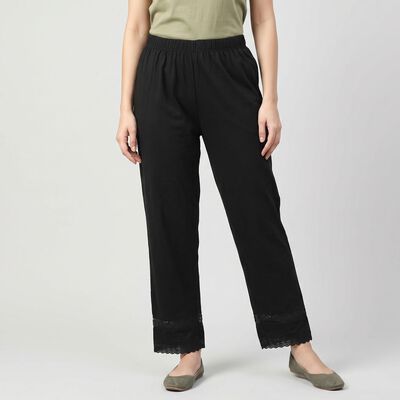 Women's Black Regular Fit Lace Hem Palazzos